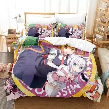 Miss Kobayashi s Dragon Maid Bedding Set Cartoon Anime three-piece set Adult Kid Bedroom Duvet cover Sets 3D print Kawaii Anime EU Single 135x200cm