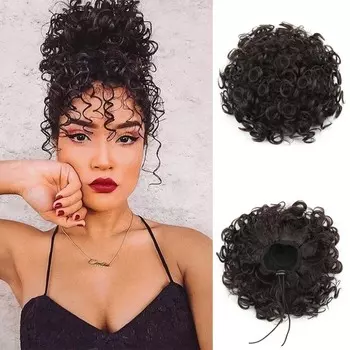 Мисс парик Беспорядочные пучки волос Кусок парика Эластичный шнурок Свободный большой вьющийся пучок 60 г Синтетический короткий темный хвост Наращивание для женщин Парик для повседневного ношения 25cm