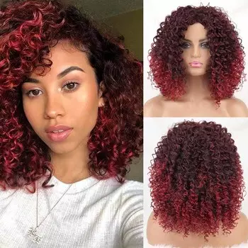 Мисс парик бордового цвета, средняя часть, афро вьющийся парик, короткие вьющиеся волосы из натурального синтетического волокна для женщин, вечерние женские вьющиеся парики 1502-13