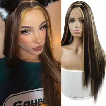 Мисс парик Черный и золотой парик Синтетический парик для женщин Натуральный кружевной парик со средней частью Термостойкое волокно Парик естественного вида