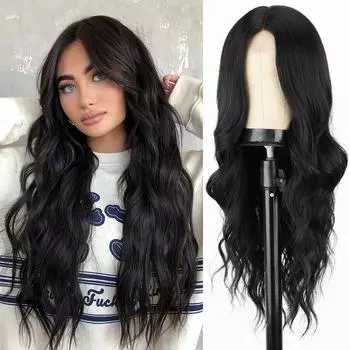 Мисс парик Длинный черный волнистый парик для женщин Средняя часть вьющегося волнистого парика Естественный вид парик из синтетического термостойкого волокна для ежедневного использования на вечеринке 65cm