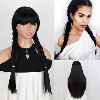 Мисс парик синтетические длинные черные косы парик с удлинением челки 24 дюйма прямые косички парик для женщин вечерние 60cm