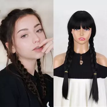 Мисс парик синтетические длинные парики с двойной косой костюм черные парики для женщин косплей вечерние парик на Хэллоуин 60cm