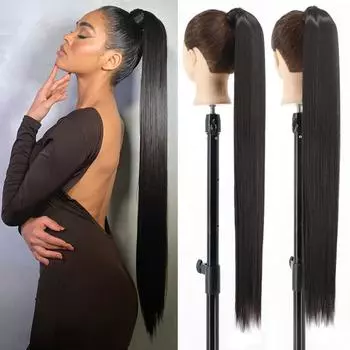 MISS WIG 85 см длинный прямой хвостик шиньон на клипсе из черного синтетического термостойкого волокна для наращивания волос 55 cm