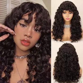 MISS WIG Афро-женский длинный курчавый вьющийся парик с вьющейся челкой из синтетического волокна, женский повседневный парик до плеч, натуральный черный парик 60 cm