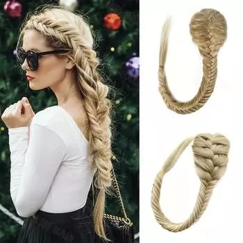 MISS WIG Блондинка Длинные прямые синтетические волосы для наращивания 140 г Плетеный рыбий хвост с завязками из рыбьей кости Шнурок для наращивания волос для женщин и девочек