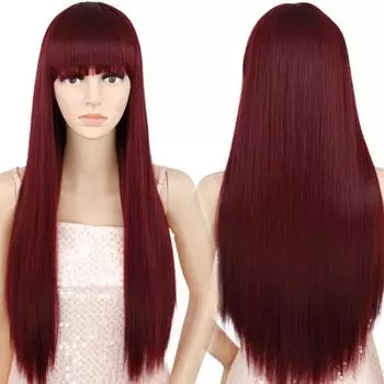 MISS WIG Бордовый длинный прямой парик с челкой, парик из синтетических волос для женщин, термостойкий парик для косплея, однотонный парик