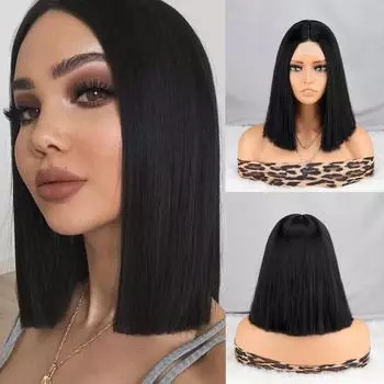 MISS WIG Черные кружевные передние парики для женщин, короткие прямые парики боб, повседневная одежда, термостойкие волокна, парики для косплея и вечеринок 30cm