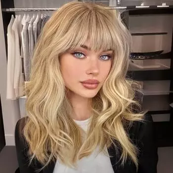 Черный парик с челкой, черные волнистые парики для женщин, вьющиеся синтетические волосы длиной до плеч для повседневного использования на вечеринку, 18 дюймов… 46cm