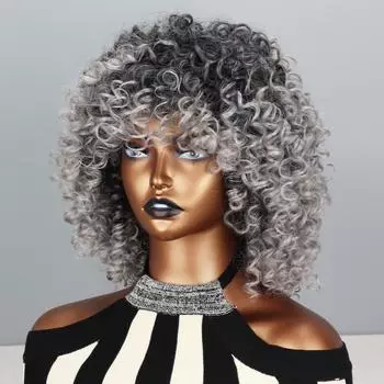 MISS WIG, черный, серый парик, синтетические вьющиеся волосы, парики для женщин, пушистая прическа с эффектом омбре, вьющийся парик, вечерние, обычный вьющийся парик 30CM
