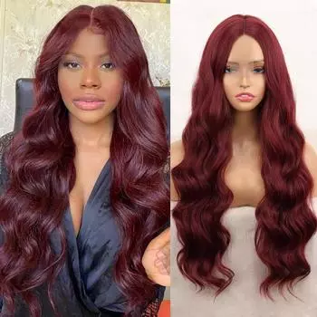 MISS WIG Длинные бордовые волнистые парики для женщин Синтетическое волокно Длинный объемный парик без челки Парик спереди на шнуровке Повседневная одежда 65 cm