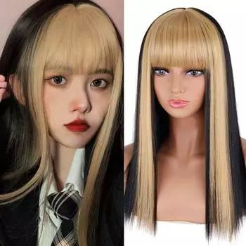 MISS WIG Длинные прямые разноцветные парики с золотой челкой Женские синтетические парики Золотые и черные парики длиной до плеч для ежедневных вечеринок для женщин