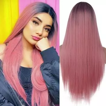 MISS WIG Длинные прямые синтетические парики Ombre Черный Розовый парик для женщин Косплей Натуральный парик средней части волос Высокотемпературное волокно