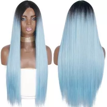 MISS WIG Длинные прямые светло-голубые волосы, синтетический парик для женщин, натуральный парик средней части для девочек, натуральный парик из термостойкого волокна