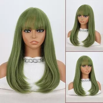 MISS WIG Длинные прямые зеленые парики с челкой, парик из натуральных синтетических волос для женщин, повседневный косплей, вечерние, термостойкое волокно 60cm
