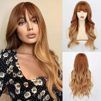 MISS WIG Длинные волнистые парики Ombre Шоколадно-коричневый блондин Косплей парик с челкой для женщин Парик из синтетического термостойкого волокна