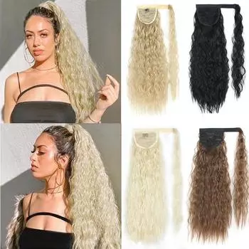 MISS WIG Длинный хвостик для чернокожих женщин Синтетический 22-дюймовый вьющийся хвост вокруг черного хвоста Кукурузная волна Конский хвост Шиньон