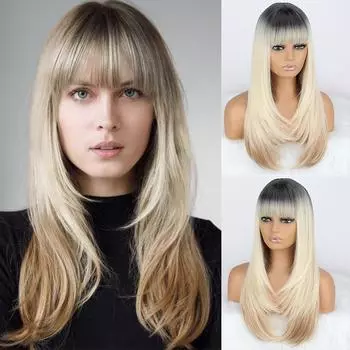 MISS WIG Длинный прямой натуральный многослойный волнистый парик с челкой Синтетическое волокно Ombre Коричневый светлый парик для женщин Повседневная одежда 2