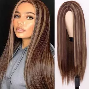 MISS WIG Длинный прямой парик средней точки, смешанные темно-коричневые и светлые двухцветные парики, подходят для черных/белых женщин, повседневные парики/парики для косплея