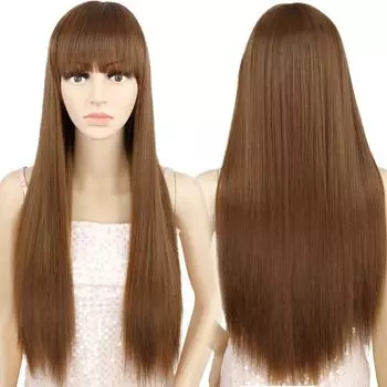 MISS WIG Длинный прямой парик Светло-коричневый с челкой Парик из синтетических волос для женщин Термостойкий парик для косплея Однотонный парик