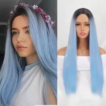 MISS WIG Длинный прямой синий черный градиент женский парик градиент натуральный средняя часть без челки хорошее качество синтетические парики косплей Лолита 26inches