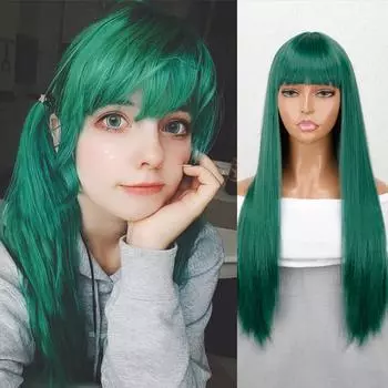 MISS WIG Длинный прямой зеленый парик с челкой из синтетического волокна, женский модный длинный прямой парик для женщин, повседневная одежда 60 cm