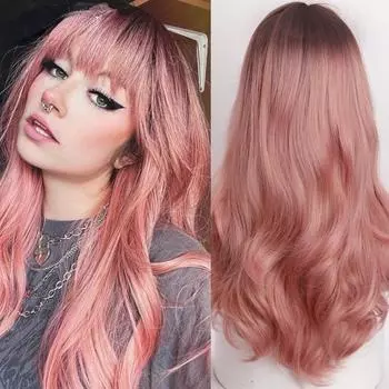 MISS WIG Длинный розовый волнистый парик с челкой, черный, коричневый, косплей, натуральный синтетический парик из термостойкого волокна для женщин China