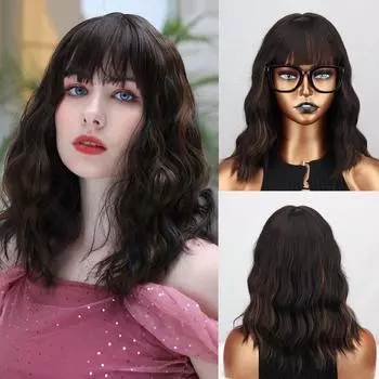 MISS WIG Длиной до плеч Коричневый смешанный блондин волнистый парик Боб с челкой Синтетическое волокно Повседневная одежда Натуральный волнистый парик для женщин