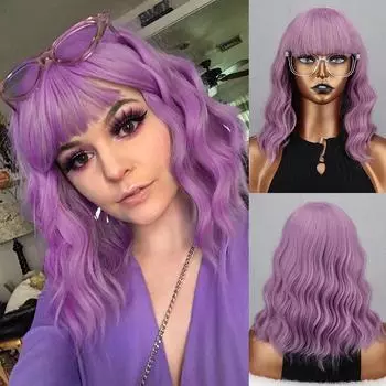 MISS WIG Фиолетовый парик с волнистой волной и челкой из синтетического волокна длиной до плеч, волнистый косплей, повседневная одежда, короткий волнистый парик 30 cm