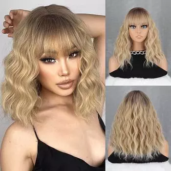 MISS WIG Коричневые и светло-коричневые короткие волнистые парики из синтетического волокна с челкой для женщин, натуральные волосы, термостойкие для косплея 30CM