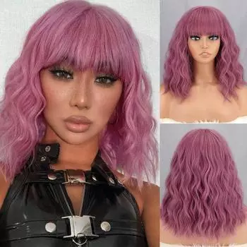 MISS WIG Короткие и волнистые синтетические парики с бахромой для женщин Термостойкое волокно Фиолетовый волнистый парик до плеч Косплей Вечеринка 30 cm