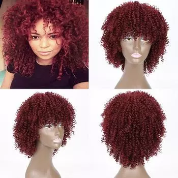 MISS WIG Короткие волосы, черный вьющийся парик с челкой, черный женский африканский синтетический бордовый парик без клея, парик для косплея, высокая температура