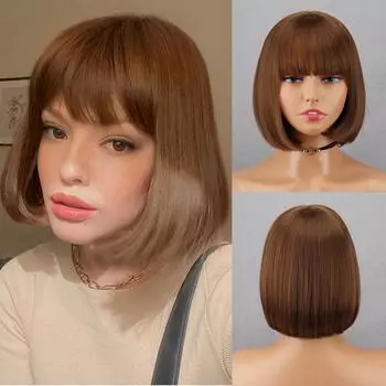 MISS WIG Короткий боб, черные синтетические парики с челкой для женщин, парик в стиле Лолиты, вечерние косплей, повседневное использование, натуральные короткие волосы 12