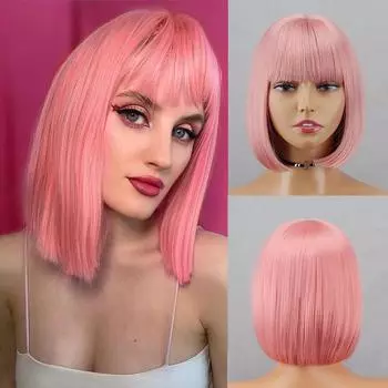 MISS WIG Короткий прямой парик «боб» с челкой, парики из синтетического высокотемпературного волокна для женщин, розовый цвет, повседневный парик 25 cm