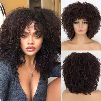 MISS WIG Короткий вьющийся парик из синтетического термостойкого волокна, черный, коричневый, с челкой, афро-градиентные парики для косплея 14inches