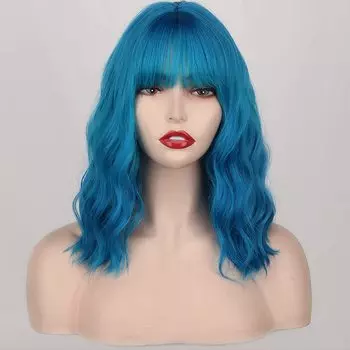 MISS WIG Короткий волнистый синий парик с челкой из синтетического волокна с челкой до плеч Синий волнистый парик боб для вечеринки, повседневной носки