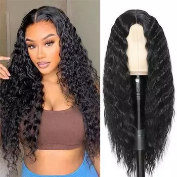MISS WIG Long Black Wigs With Bangs Long Wavy Wigs For Women Natural looking Wig Synthetic Curly Wavy Hair Wigs For Daily Party Use 60cm