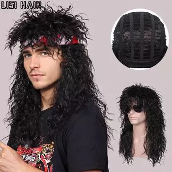 MISS WIG, мужские черные парики, пушистый длинный вьющийся парик в стиле панк для мужчин, высокотемпературное волокно, рок-костюм для косплея, вечерние синтетические волосы 35cm