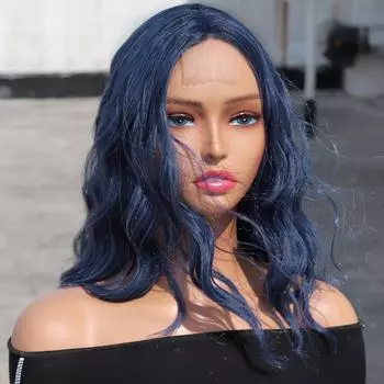 MISS WIG Натуральный волнистый парик средней длины без челки, кружевной передний парик черного, синего цвета, парик из синтетического волокна для женщин, повседневная одежда 14inches
