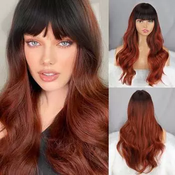 MISS WIG Ombre Черный Коричневый Цвет Длинный Волнистый Парик Синтетическое Волокно Длинный Волнистый Коричневый Парик с Челкой для Женщин 20inches