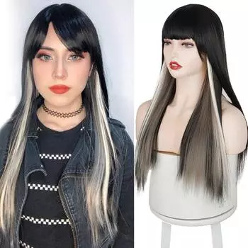 MISS WIG Парик Лолиты Длинные прямые волосы Косплей Парик Комическая челка Двухцветный градиент серо-розовый Цвет парики для женщин Парики из синтетических волос