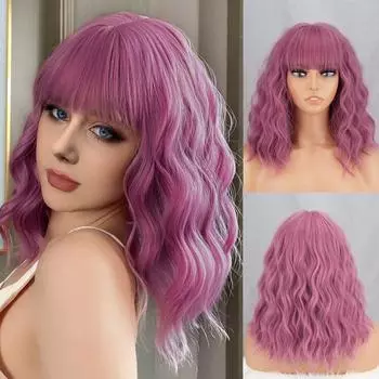 MISS WIG Серый Фиолетовый Цвет Короткий Волнистый Парик с Челкой Синтетическое Волокно Женская Мода До Плеч Фиолетовый Косплей Повседневная Одежда Волосы