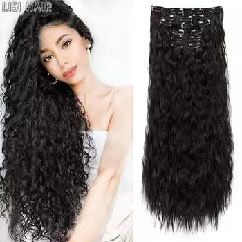 MISS WIG Синтетические 16 зажимов для наращивания волос, длинные черные парики для женщин, кукурузные вьющиеся искусственные волосы, термостойкое волокно 60cm