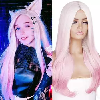 MISS WIG Синтетические длинные волнистые парики для женщин Розовый женский Ahri KDA Косплей Средние натуральные волосы Высокотемпературное волокно Парик Лолита