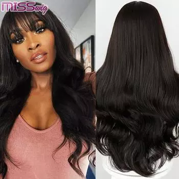 MISS WIG Синтетические длинные волнистые парики с челкой для женщин Термостойкое волокно Черный Коричневый Парик из синтетических волос для косплея