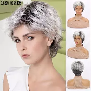 MISS WIG Синтетические смешанные серо-черные парики Короткие прямые натуральные парики Термостойкий парик для женщин Повседневная одежда 25cm