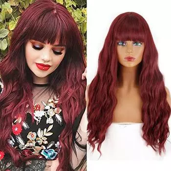 MISS WIG Синтетический длинный парик Красный волнистый парик с челкой Синтетическое термостойкое волокно для косплея Черный женский длинный парик