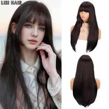 MISS WIG Синтетический длинный прямой парик с челкой, парики для косплея для женщин, термостойкое волокно, повседневный парик для вечеринок 52cm