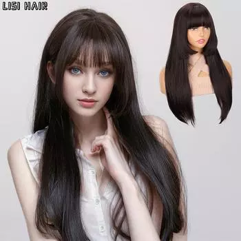 MISS WIG Синтетический длинный прямой парик с челкой, стрижка принцессы, аниме-парик, парик из натуральных волос для женщин, косплей и повседневная одежда 52cm