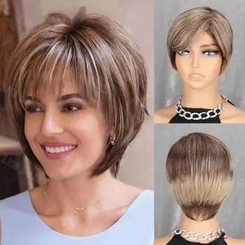 MISS WIG Синтетический короткий парик с боковым пробором, вручную завязанный парик с темными корнями, женский парик с естественным видом 30cm